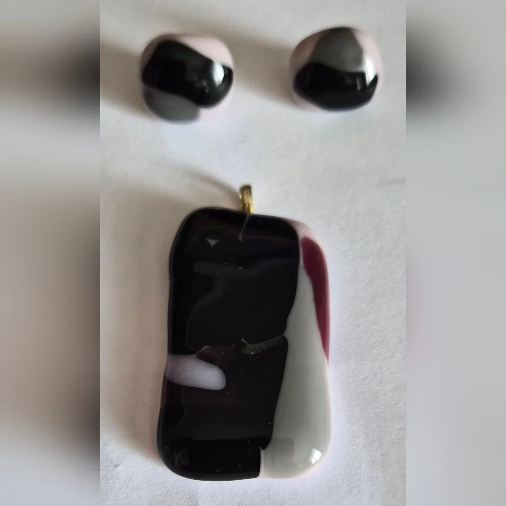 Handmade Black, White & Pink Glass Pendant and Earring Set